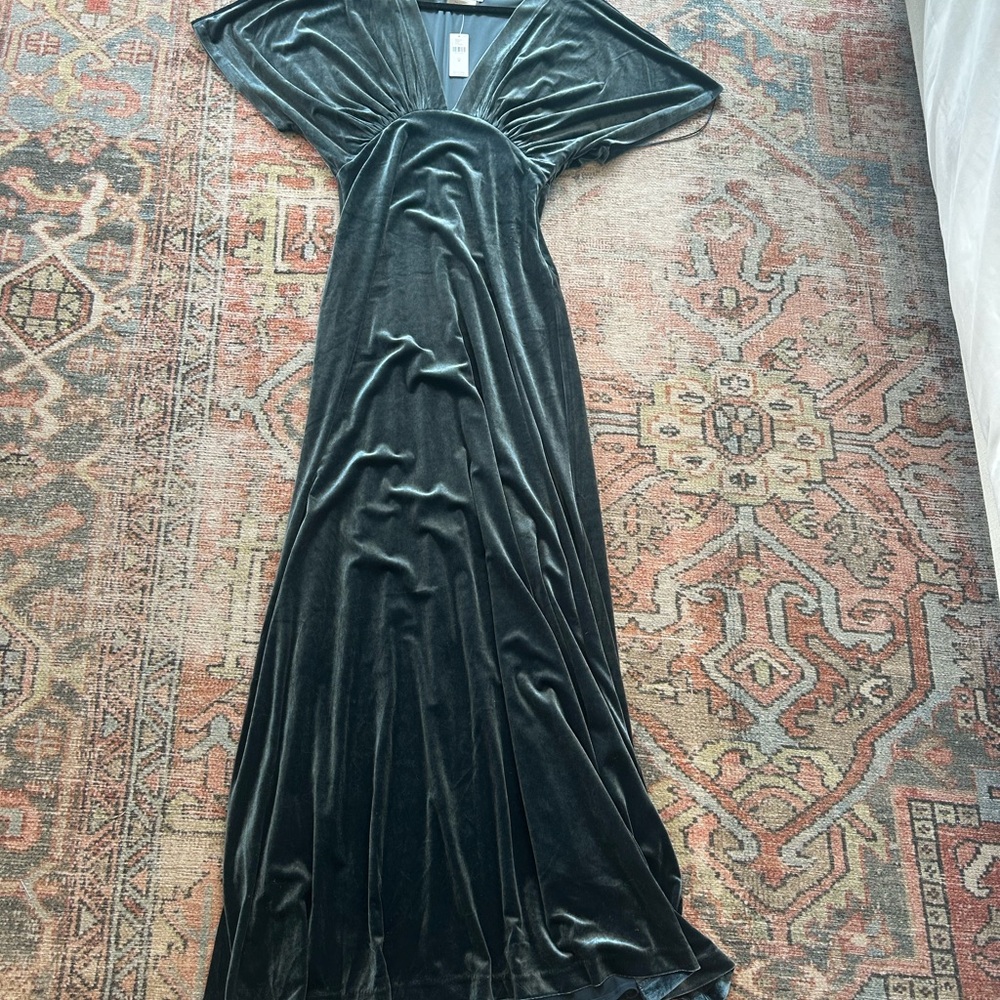 BHLDN Slate Velvet Long Sleeve Dress